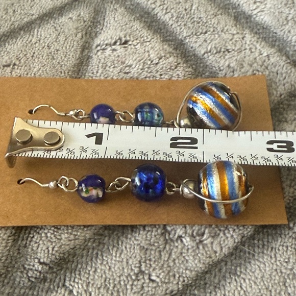 Vintage Glass Art Deco Ball Drop Dangle Blue Metallic Earrings - Picture 6 of 6